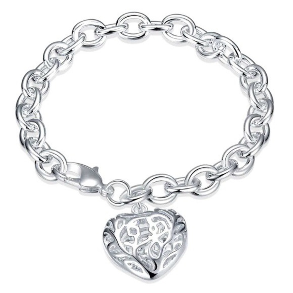 SOLD New Silver Filled Womens Filigree Heart Charm Bracelet Bangle 8.0" - Picture 5 of 5